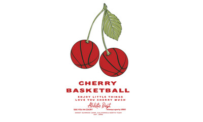 Basketball college league. Vintage artwork for sportswear. Cherry fruit. Sport logo. Sunday basketball club vector t-shirt design. Love you cherry much. Cherry fruit print. Nature fruit  print design.