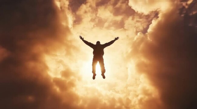 A parachutist / skydiver  jumps into the sky during a sunset 