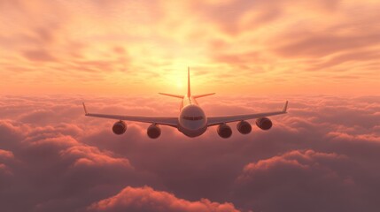 An airplane flying above clouds at sunset, showcasing the beauty of air travel.