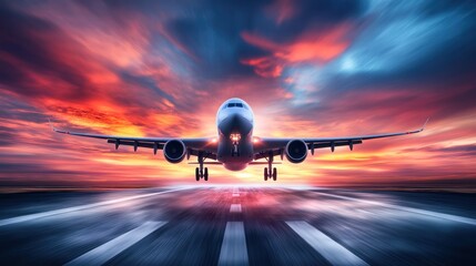 Naklejka premium A dramatic sunset scene featuring an airplane taking off from a runway.