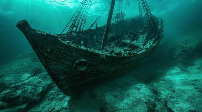 Sunken wreck of a sailing boat at the bottom of transparent water