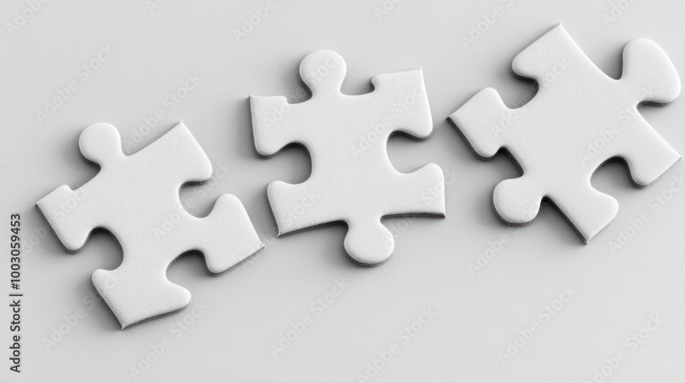Poster three white puzzle pieces on a light background, symbolizing problem-solving and connection.
