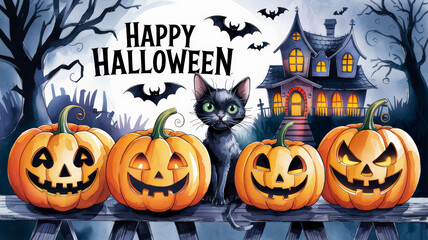Halloween celebration. Black cat and jack-o'-lantern pumpkins with bats and Halloween decorations. Watercolor illustration with Happy Halloween text. Design for greeting card, poster, invitation