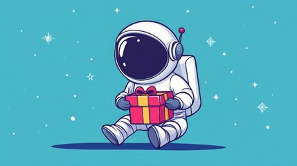 An astronaut holding a gift box in space.
