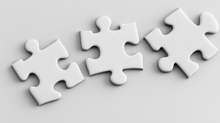 Obraz premium Three white puzzle pieces on a light background, symbolizing problem-solving and connection.