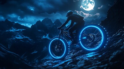 Silhouette of a mountain biker riding a bike with neon blue wheels against a backdrop of a full moon and mountains.