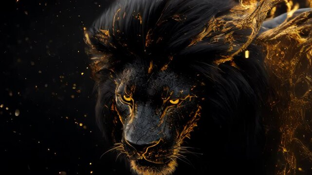 A close-up shot of a lion's head with a black mane and golden eyes. Golden light surrounds him.. AI Generation