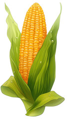 Illustration of a fresh corn on the cob with green husk peeled back, showcasing vivid yellow kernels. Ideal for agricultural and culinary themes.