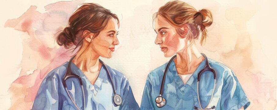 Watercolor style, Student nurses practicing with stethoscopes, education, gentle hues