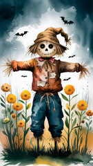 Fototapeta premium Halloween scarecrow in a field. The scarecrow is wearing a tattered outfit and a straw hat. he is standing in a field. watercolor illustration. Design for greeting card, poster, invitation. 