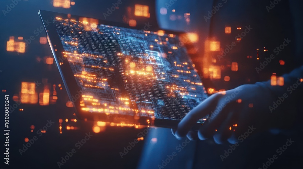 Aufkleber a hand holds a futuristic tablet displaying digital data and glowing elements.