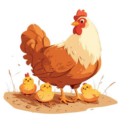 Illustration of a mother hen with her four adorable yellow chicks standing on a patch of ground. Perfect for farm and animal themes.