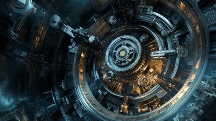 Obraz premium Futuristic space station interior with glowing lights and intricate mechanical details, showcasing advanced technology and sci-fi design.