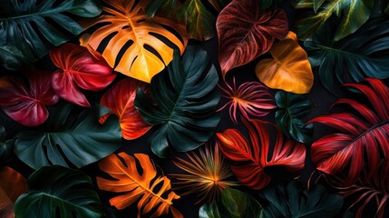 A vibrant arrangement of various tropical leaves showcasing rich colors and textures.