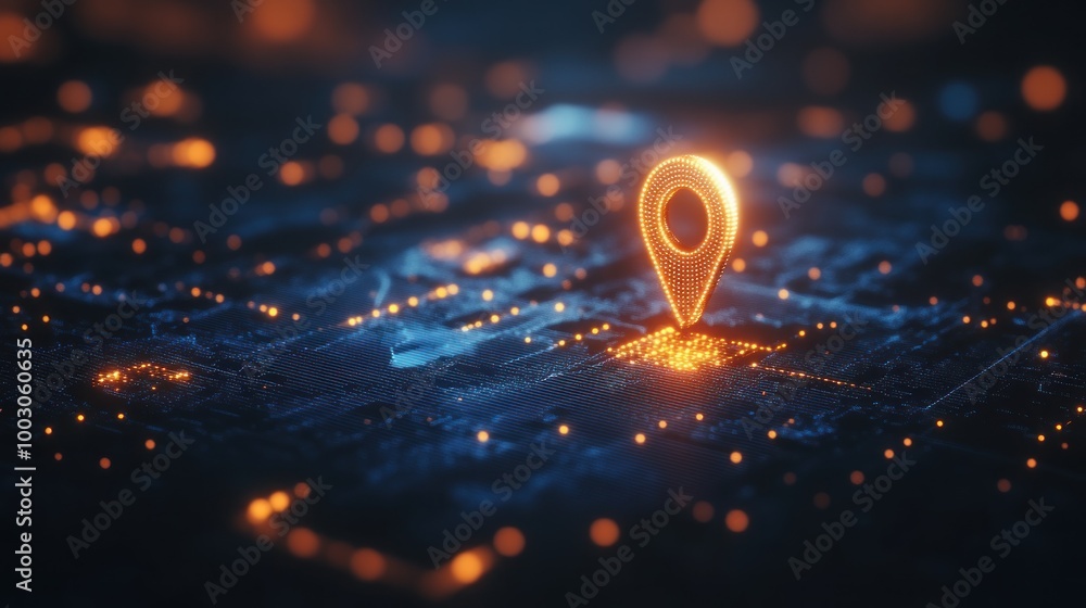 Poster a glowing location pin on a digital map, symbolizing navigation and technology.