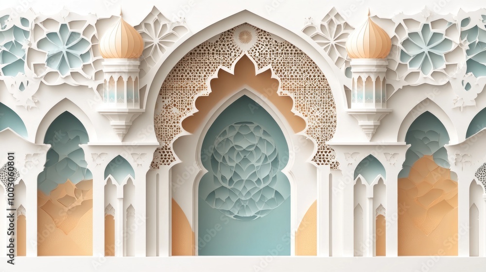Poster intricate architectural design featuring ornate patterns and soft color gradients.