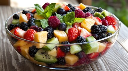 A vibrant bowl of mixed fresh fruits, perfect for a healthy snack or dessert.