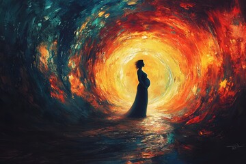 Silhouette of pregnant woman in vibrant glowing light and swirling abstract colors in dramatic design