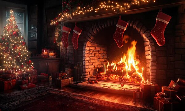 Cozy fireplace scene with stockings hanging, where the flame&acirc;&euro;&trade;s light gradients from orange to deep red, warming the room. . Video