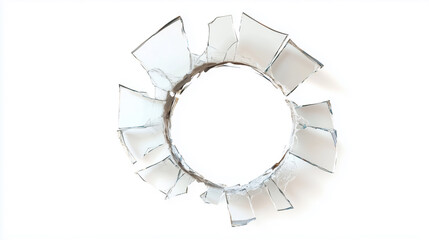 Shattered Glass or Porcelain with a Large Round Hole on White Background
