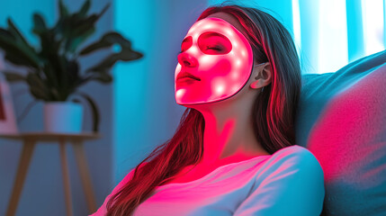 Relaxing red light therapy: woman enjoying skincare treatment at home