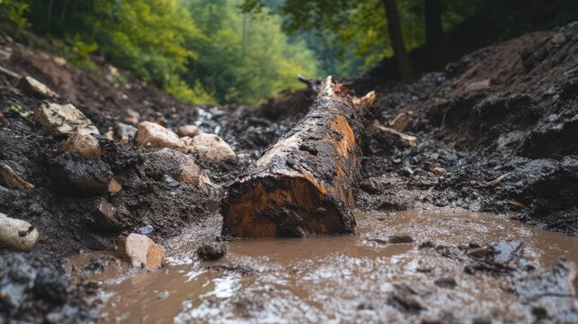 Fallen tree log in muddy forest path after rain. Natural erosion and rugged terrain create a challenging outdoor environment.