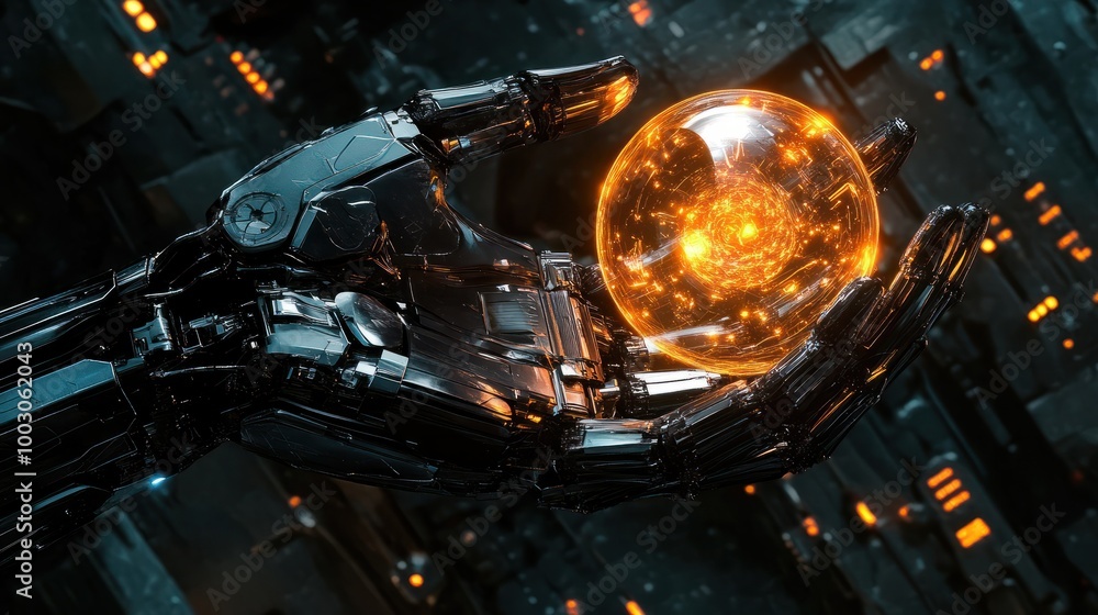Poster futuristic robot hand displaying a glowing energy orb, symbolizing advanced technology and innovatio