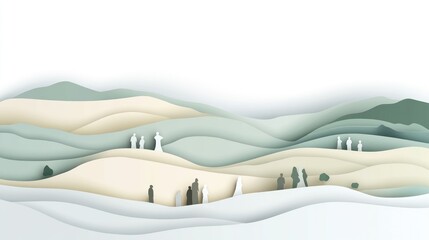 Abstract landscape with layered hills and silhouettes of people in a serene color palette.