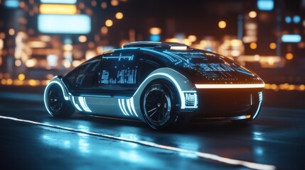 Fototapeta premium Futuristic self-driving car with artificial intelligence technology on a lit road, symbolizing innovation in autonomous vehicle technology.