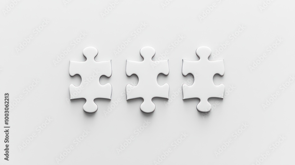 Poster three white puzzle pieces on a minimalistic background, symbolizing connection and unity.