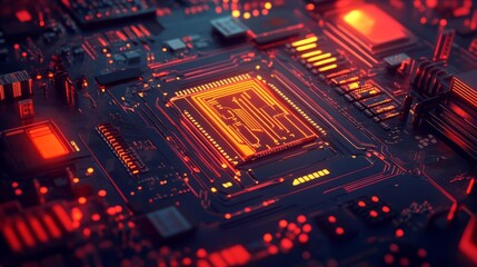 Obraz premium Close-up of a glowing computer motherboard with microchip and circuitry, showcasing modern technology and electronic components.