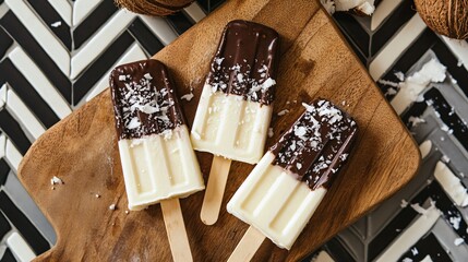Coconut popsicles with chocolate dip, placed on a wooden cutting board with a bold geometric pattern backdrop