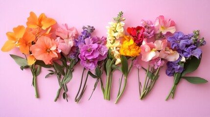 Fototapeta premium A vibrant arrangement of various flowers on a pink background.