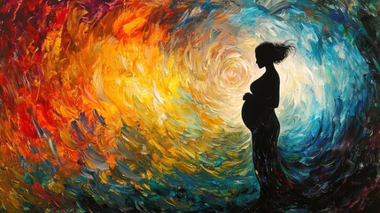 Silhouette of pregnant woman surrounded by swirling vibrant colors in abstract glowing light
