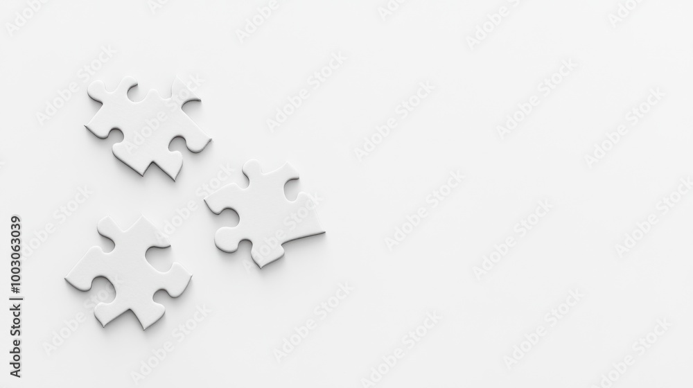Poster three white puzzle pieces on a minimalistic background, symbolizing problem-solving.