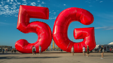 Giant red 5g balloon display at outdoor event captivates crowd