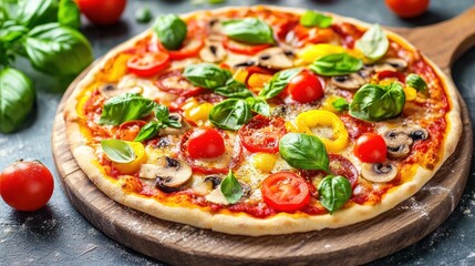 A fresh, colorful pizza topped with vegetables and herbs on a wooden board.