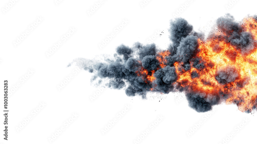 Poster a dramatic explosion with smoke and fire, creating an intense visual impact for action scenes or eff