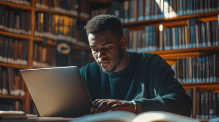 happy black student sitting in the university library
