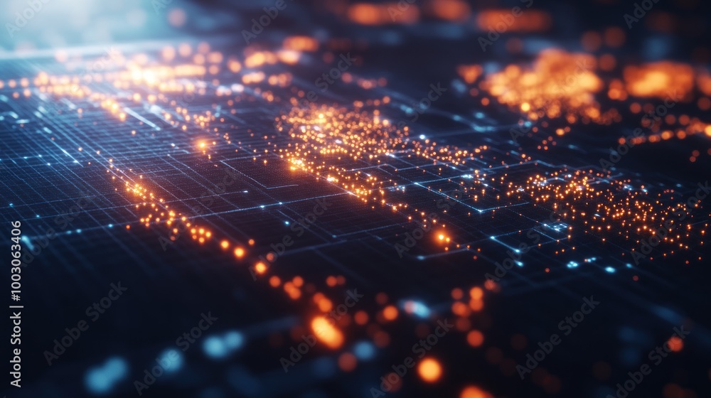 Poster abstract digital network visualization with glowing nodes and connections.