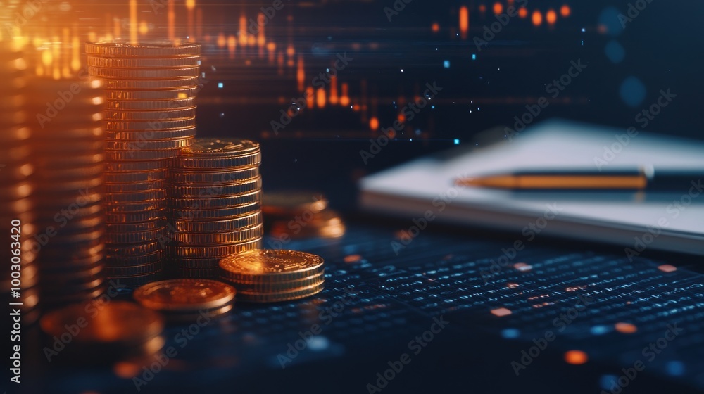 Poster stacked coins with a notebook and financial data visuals, representing investment and finance.