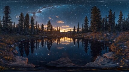 A serene twilight landscape reflecting stars and trees in a calm lake.
