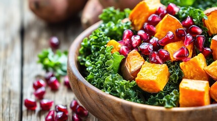 Sweet Potato Kale Pomegranate Salad in Wooden Bowl 