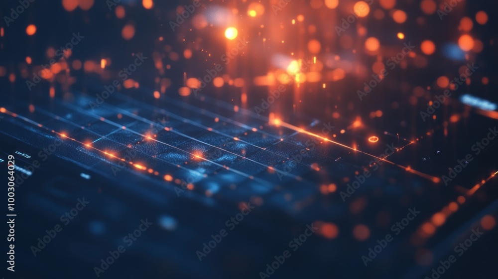Poster abstract digital landscape with glowing particles and grid patterns.