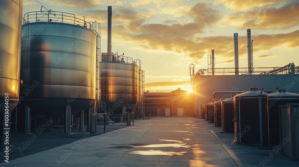 Canvas Prints Industrial facility at sunset with large storage tanks and a paved pathway.