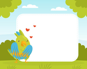 Empty Banner with Green Parrot Funny Bird Vector Template