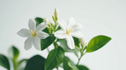 Obraz premium A close-up of white flowers with green leaves against a soft background.
