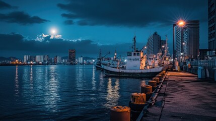 Naklejka premium A tranquil harbor scene at night with a boat and city lights reflecting on the water.