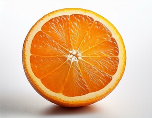 Close up de una naranja partida por la mitad aislada en fondo blanco