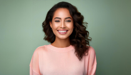Fototapeta premium Happy Brunette Woman Smiling. Photo Studio. Pink Background.